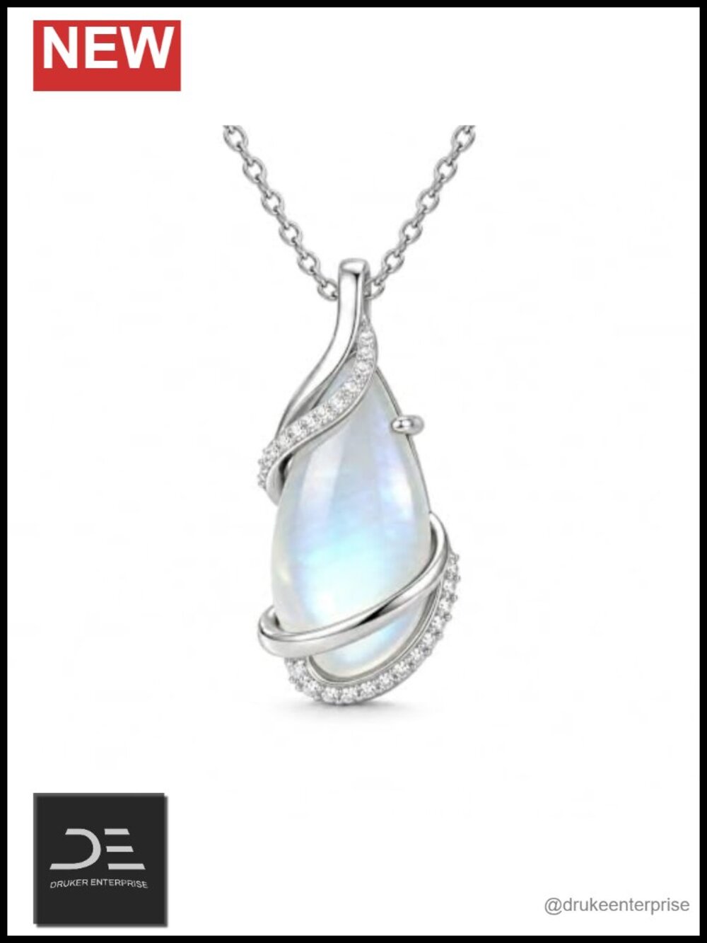 14K White Gold Plated Teardrop Moonstone Pendant Necklace Gift for Her